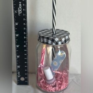 Glass Mason Jar Tumbler with Black Gingham Lid & Straw - Pink Accents
